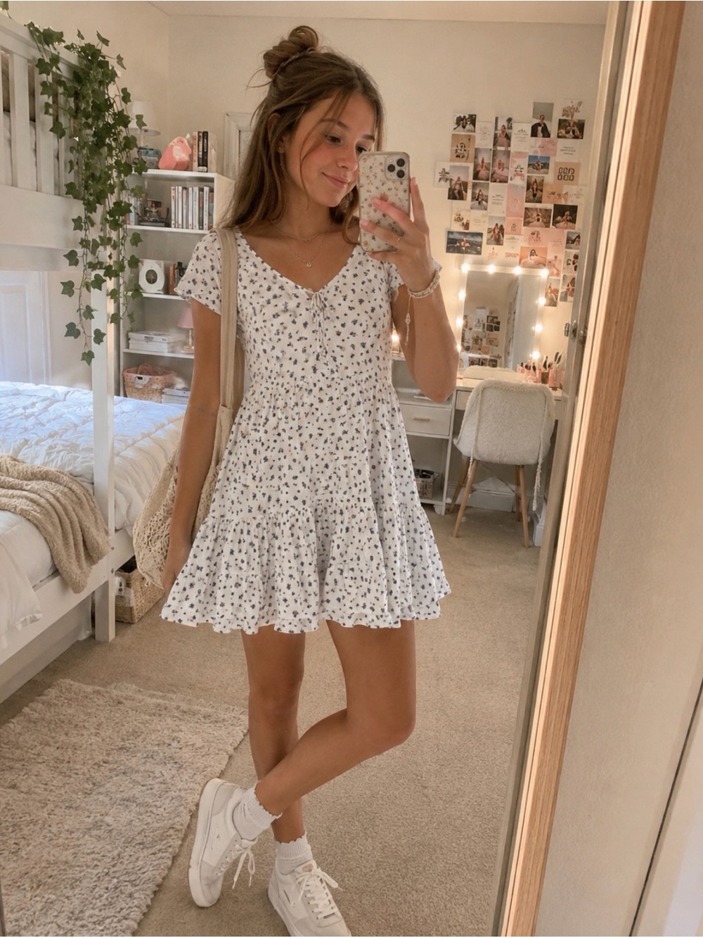 American Eagle Outfitters White babydoll Dress with Blue Floral Print